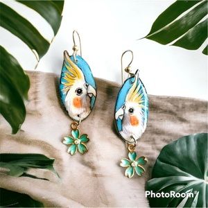Handpainted Cockatiel Earrings Birds sterling wires One if a Kind